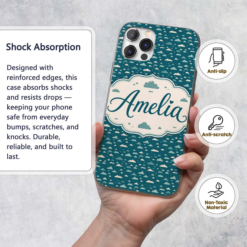 Small Scale Cloud Pattern Teal Background Soft Custom Name Protective Phone Case Mobile Cover Durable Everyday Smartphone Shock Resistant