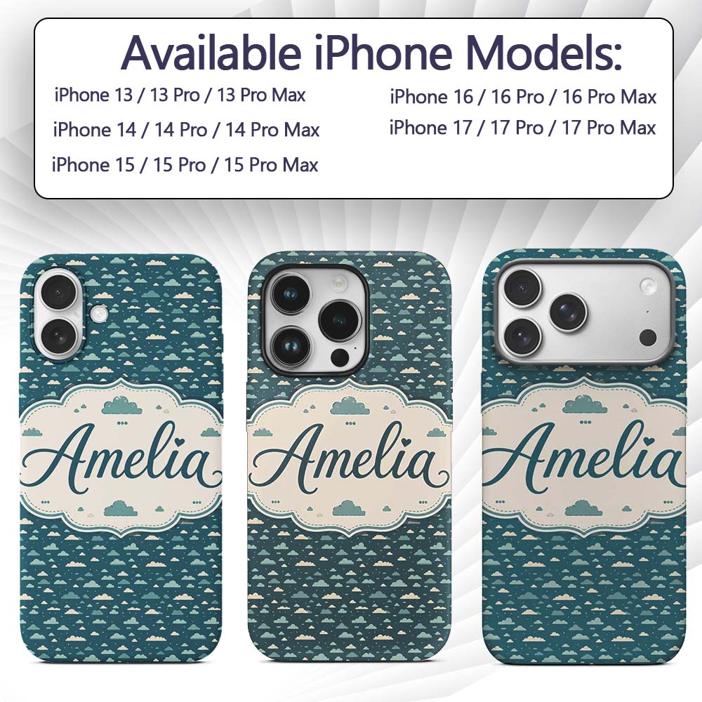 Small Scale Cloud Pattern Teal Background Soft Custom Name Protective Phone Case Mobile Cover Durable Everyday Smartphone Shock Resistant