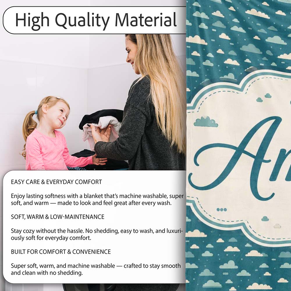 Small Scale Cloud Pattern Teal Background Soft Neutral Clouds Lovely Personalised Custom Name Super Soft Fleece Blanket Bed Sofa Throw