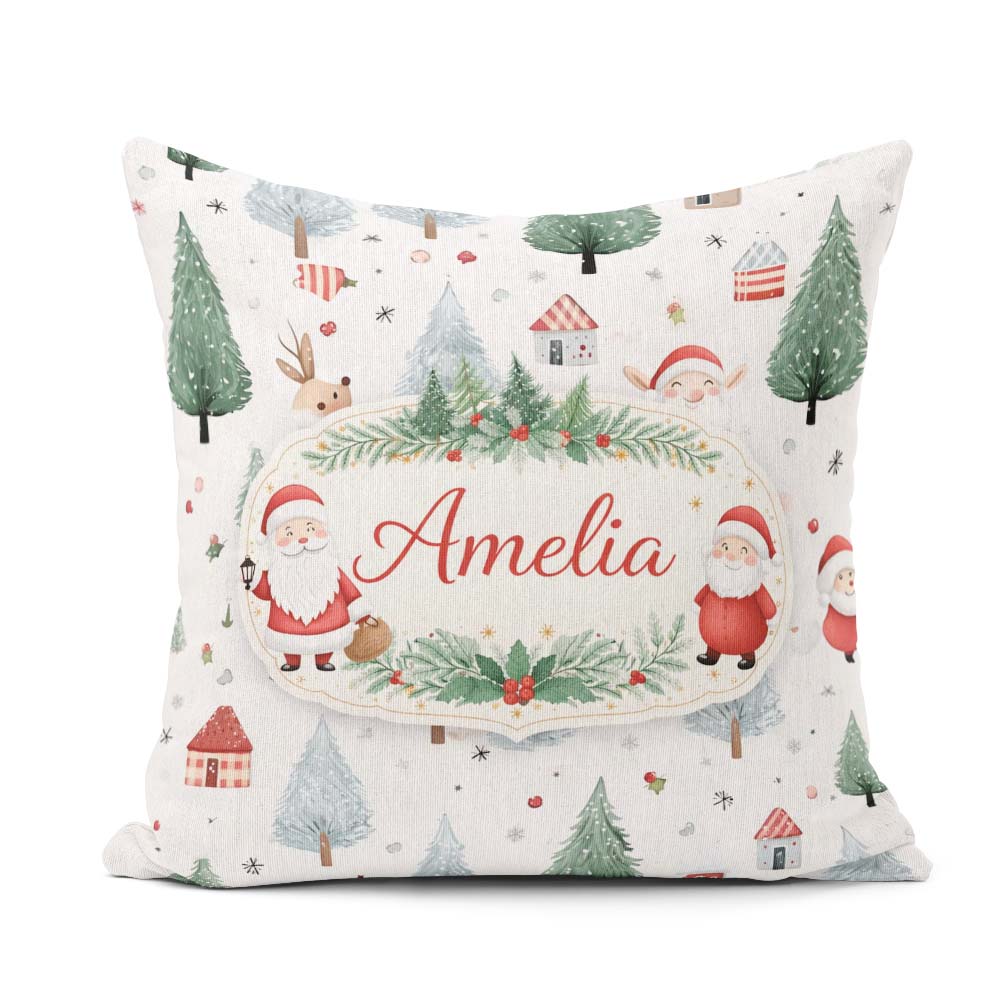 Custom Name Christmas Santa Reindeer Tree Pattern Kids Seamless Square Filled Cushion Throw Pillow Sofa Bed Home Decor Zip Washable UK Made