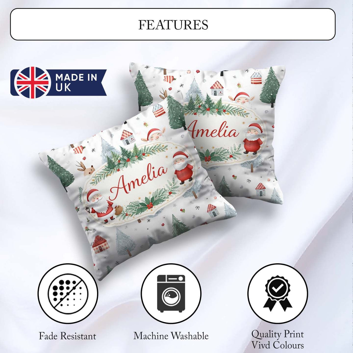 Custom Name Christmas Santa Reindeer Tree Pattern Kids Seamless Square Filled Cushion Throw Pillow Sofa Bed Home Decor Zip Washable UK Made
