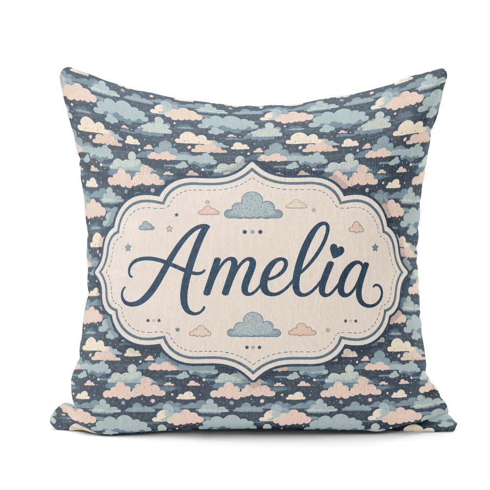 Custom Name Whimsical Cloud Pattern Dark Blue with Pastel Clouds Square Filled Cushion Throw Pillow Sofa Bed Home Decor Zip Washable UK Made