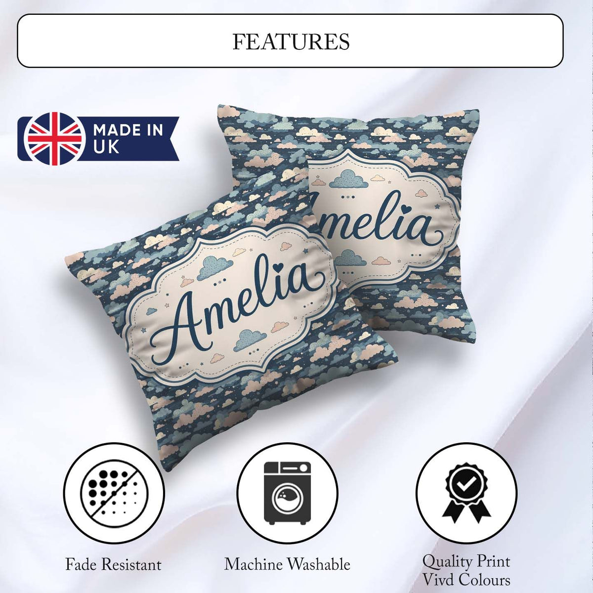 Custom Name Whimsical Cloud Pattern Dark Blue with Pastel Clouds Square Filled Cushion Throw Pillow Sofa Bed Home Decor Zip Washable UK Made