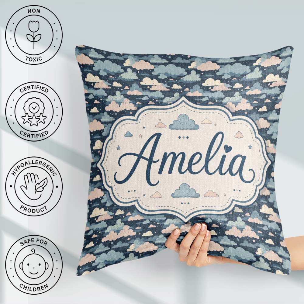 Custom Name Whimsical Cloud Pattern Dark Blue with Pastel Clouds Square Filled Cushion Throw Pillow Sofa Bed Home Decor Zip Washable UK Made