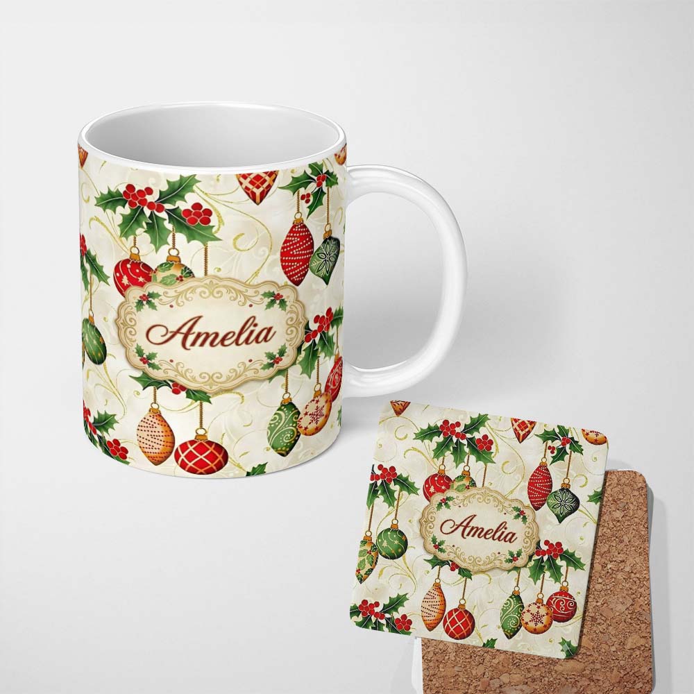 Personalized Custom Name Elegant Holly Leaves Red Green Baubles Seamless Pattern Lovely 11oz Ceramic Coffee Tea Mug White Large Handle