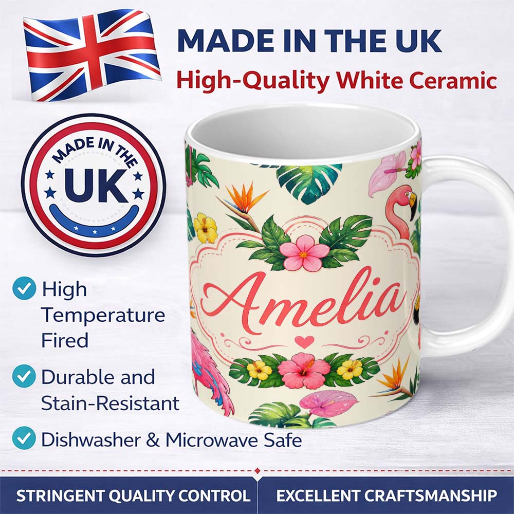 Personalized Custom Name Tropical Flamingo Bird with Exotic Flowers Leaves Pattern Cream 11oz Ceramic Coffee Tea Mug White Large Handle