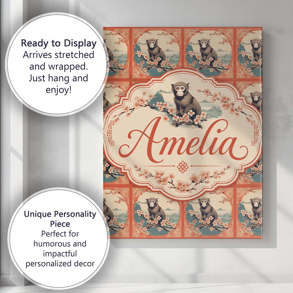 Personalised Name Oriental Style Monkey Custom Modern Room Accent Elegant Feature Canvas Wall Art Print Decor Picture Ready to Hang