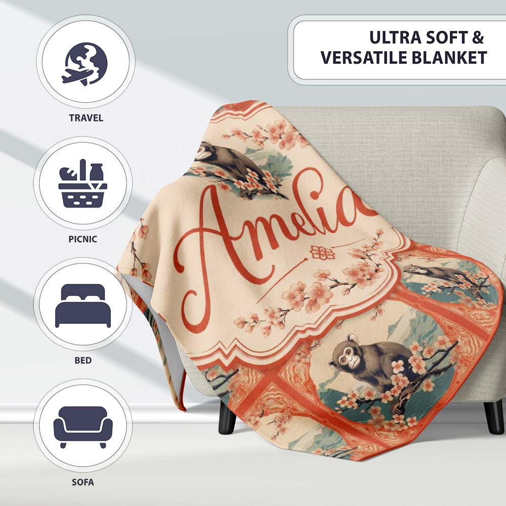 Oriental Style Monkey Blossom Frame Pattern Coral Background Lovely Personalised Custom Name Super Soft Fleece Blanket Bed Sofa Throw