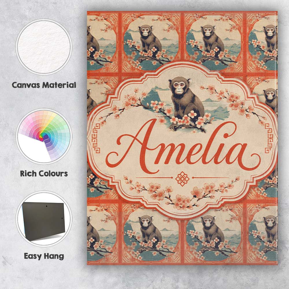 Personalised Name Oriental Style Monkey Custom Modern Room Accent Elegant Feature Canvas Wall Art Print Decor Picture Ready to Hang