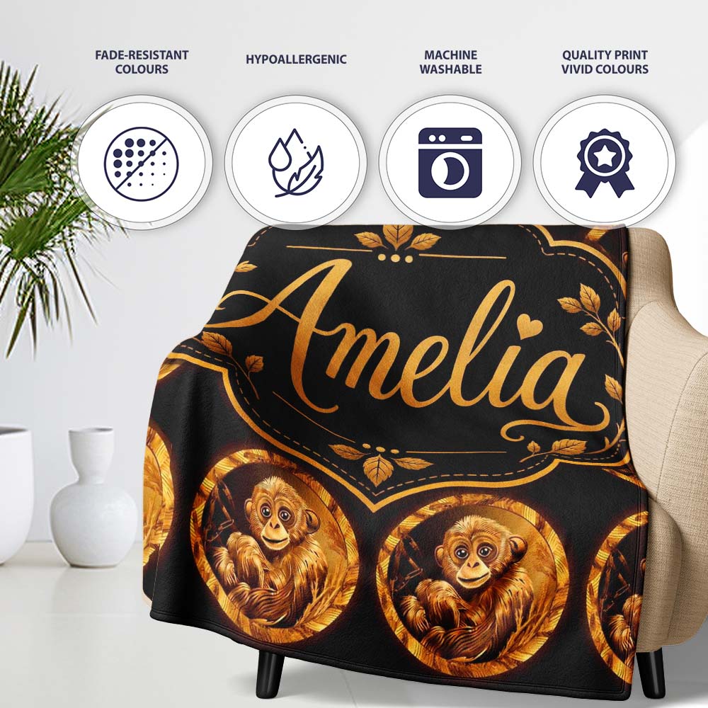 Gold Monkey Medallion Pattern Black Background Luxury Seamless Personalised Custom Name Super Soft Fleece Blanket Bed Sofa Throw