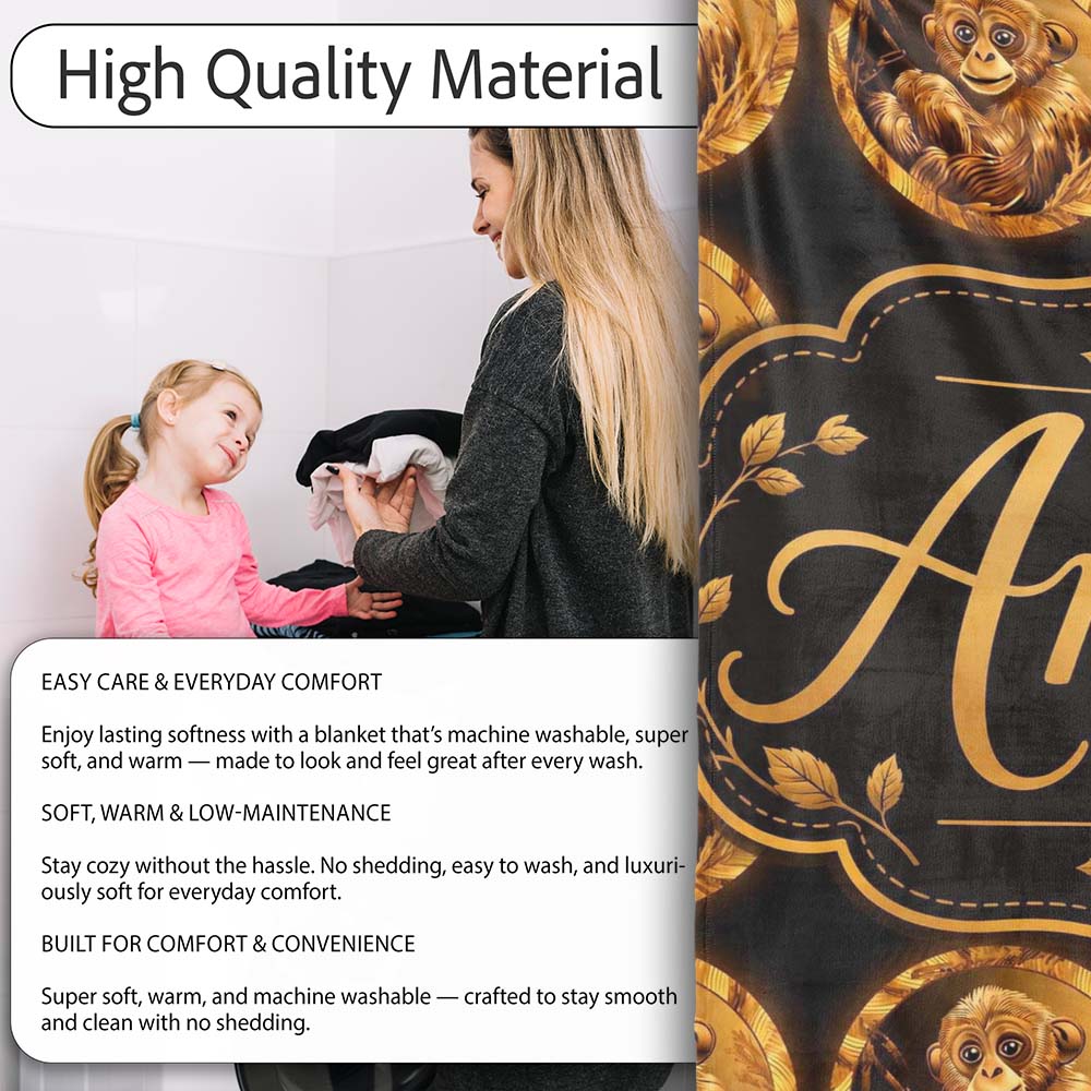 Gold Monkey Medallion Pattern Black Background Luxury Seamless Personalised Custom Name Super Soft Fleece Blanket Bed Sofa Throw