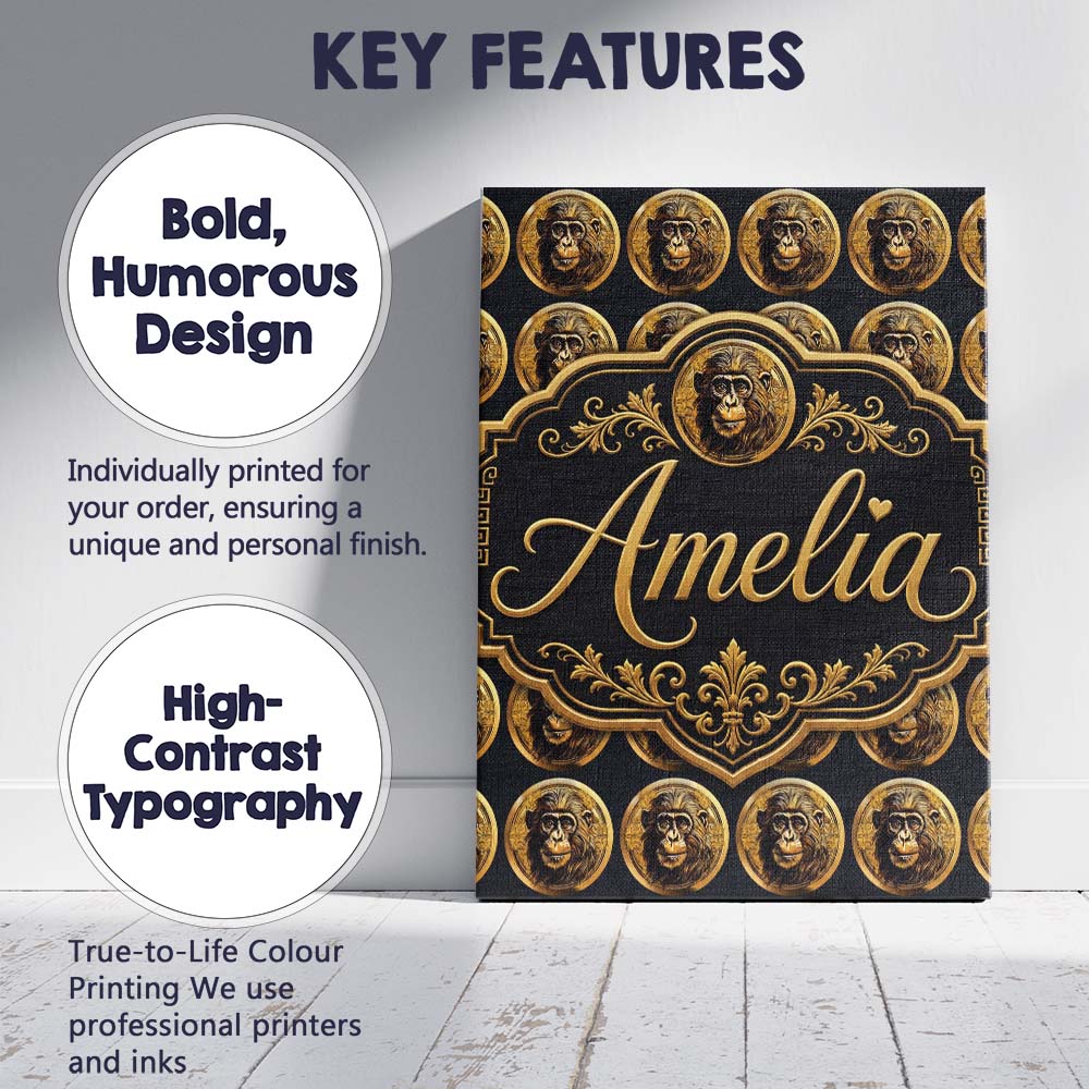 Personalised Name Detailed Gold Monkey Coin Custom Bespoke Interior Contemporary Canvas Wall Art Print Decor Picture Ready to Hang