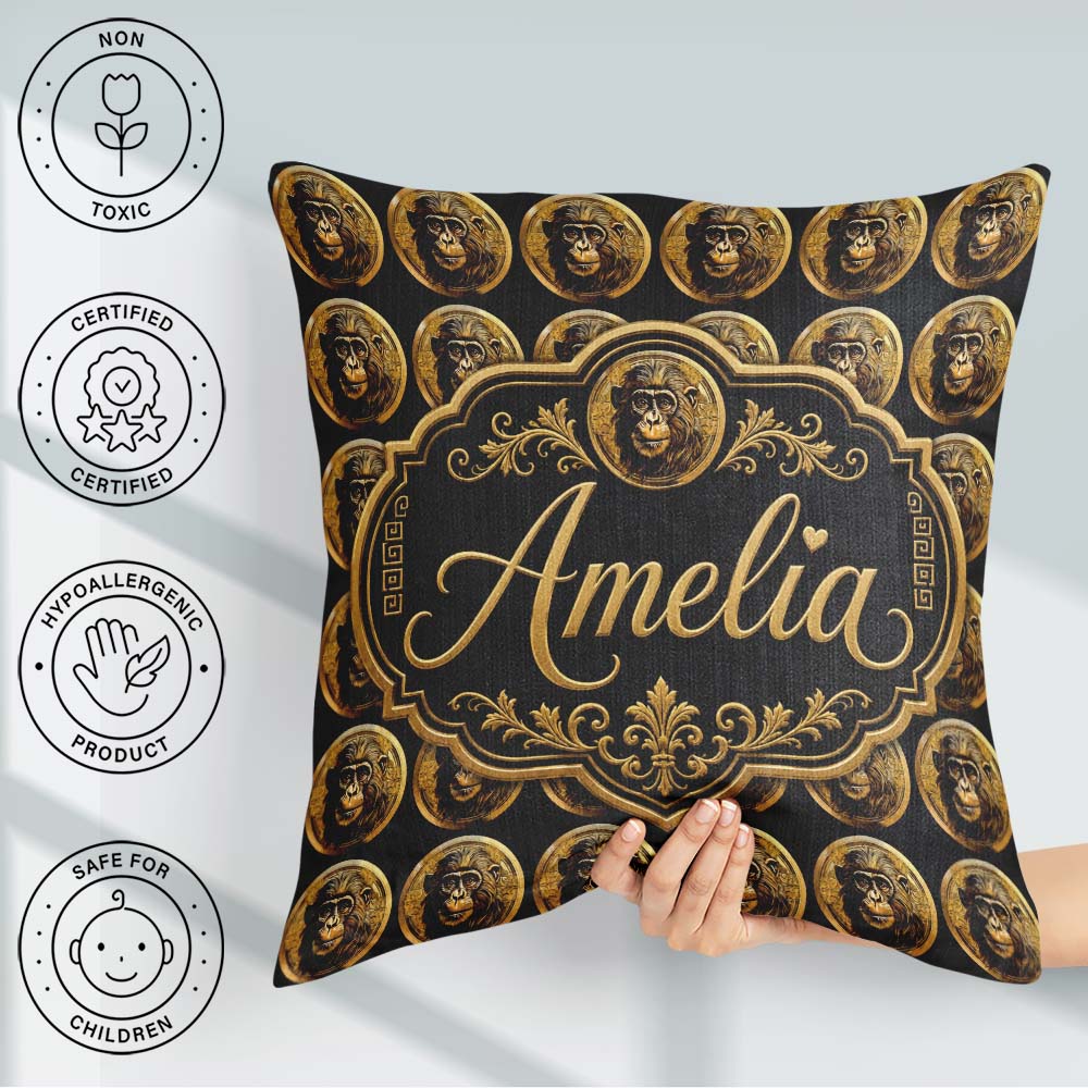 Custom Name Detailed Gold Monkey Coin Background Ornate Seamless Square Filled Cushion Throw Pillow Sofa Bed Home Decor Zip Washable UK Made