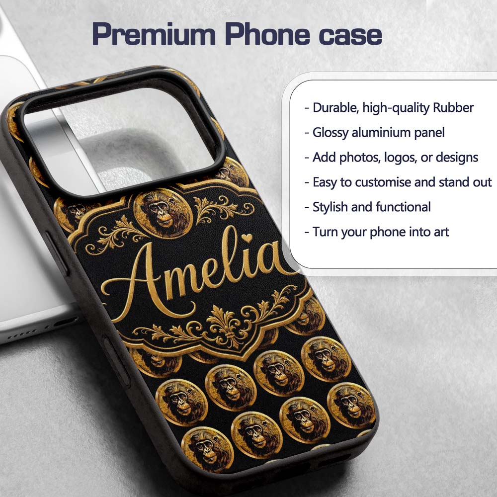 Detailed Gold Monkey Coin Pattern Dark Background Custom Name Protective Phone Case Mobile Cover Durable Everyday Smartphone Shock Resistant