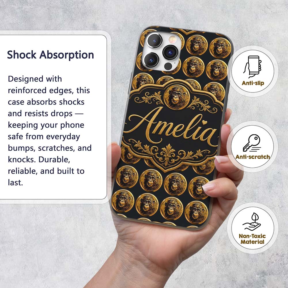 Detailed Gold Monkey Coin Pattern Dark Background Custom Name Protective Phone Case Mobile Cover Durable Everyday Smartphone Shock Resistant