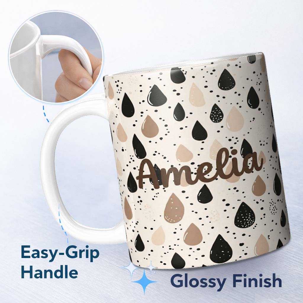 Personalized Custom Name Scattered Paint Droplets Black Beige Abstract Spot Pattern Lovely 11oz Ceramic Coffee Tea Mug White Large Handle