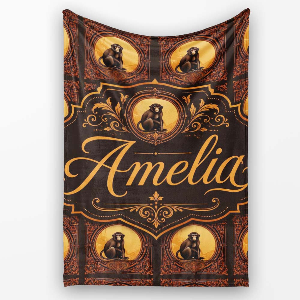 Vintage Ornate Monkey Portrait Repeat Pattern in Warm Brown and Gold Personalised Custom Name Super Soft Fleece Blanket Bed Sofa Throw