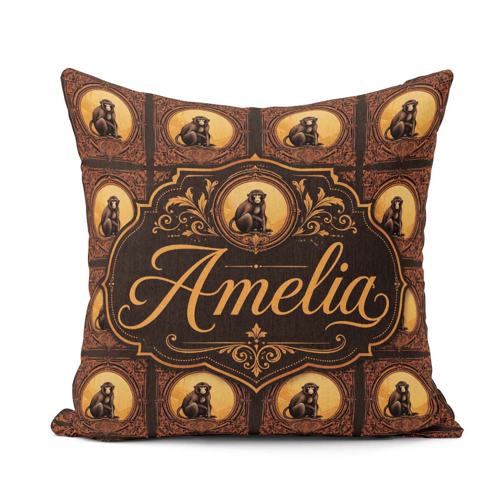 Custom Name Ornate Monkey Portrait Repeat in Warm Brown and Gold Square Filled Cushion Throw Pillow Sofa Bed Home Decor Zip Washable UK Made