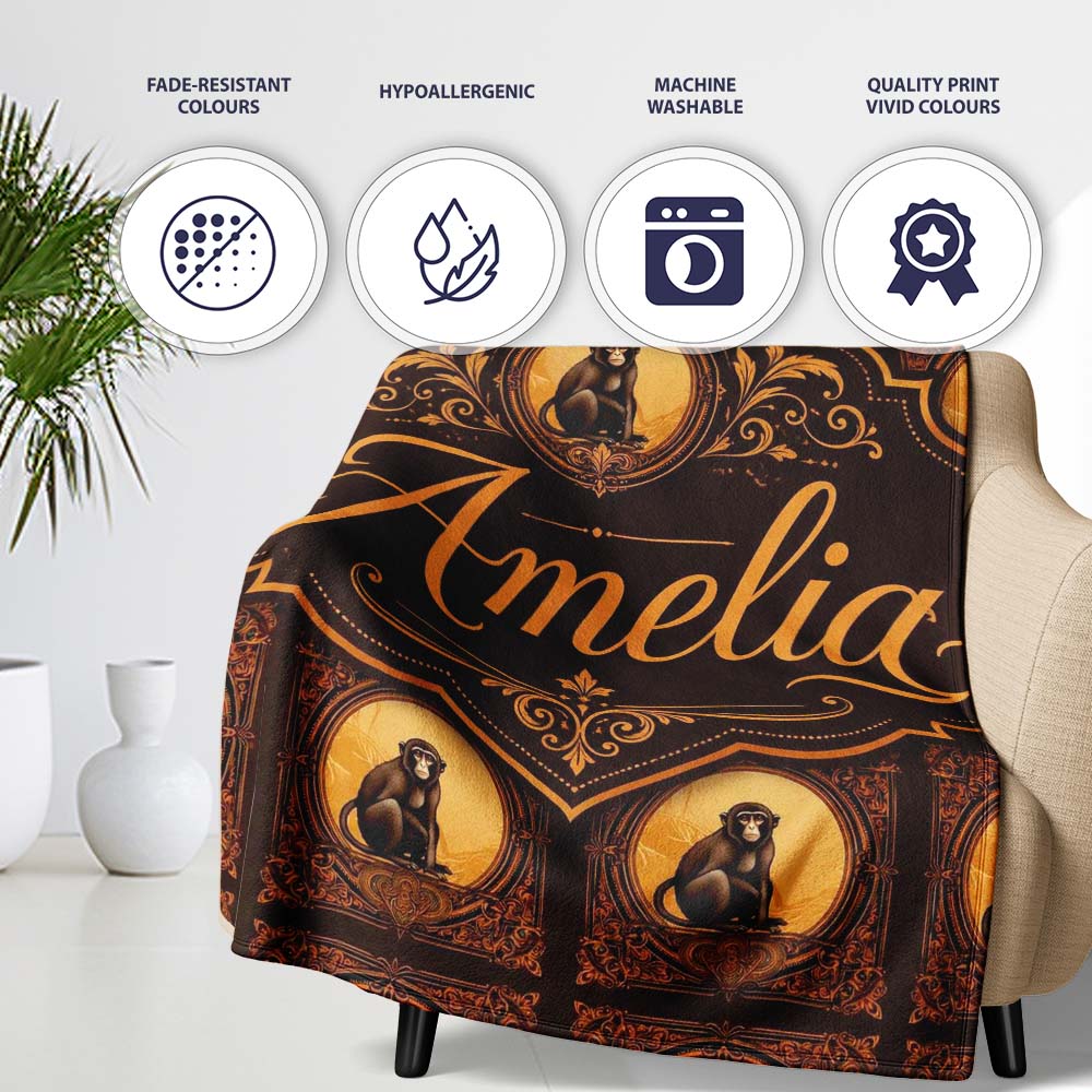 Vintage Ornate Monkey Portrait Repeat Pattern in Warm Brown and Gold Personalised Custom Name Super Soft Fleece Blanket Bed Sofa Throw