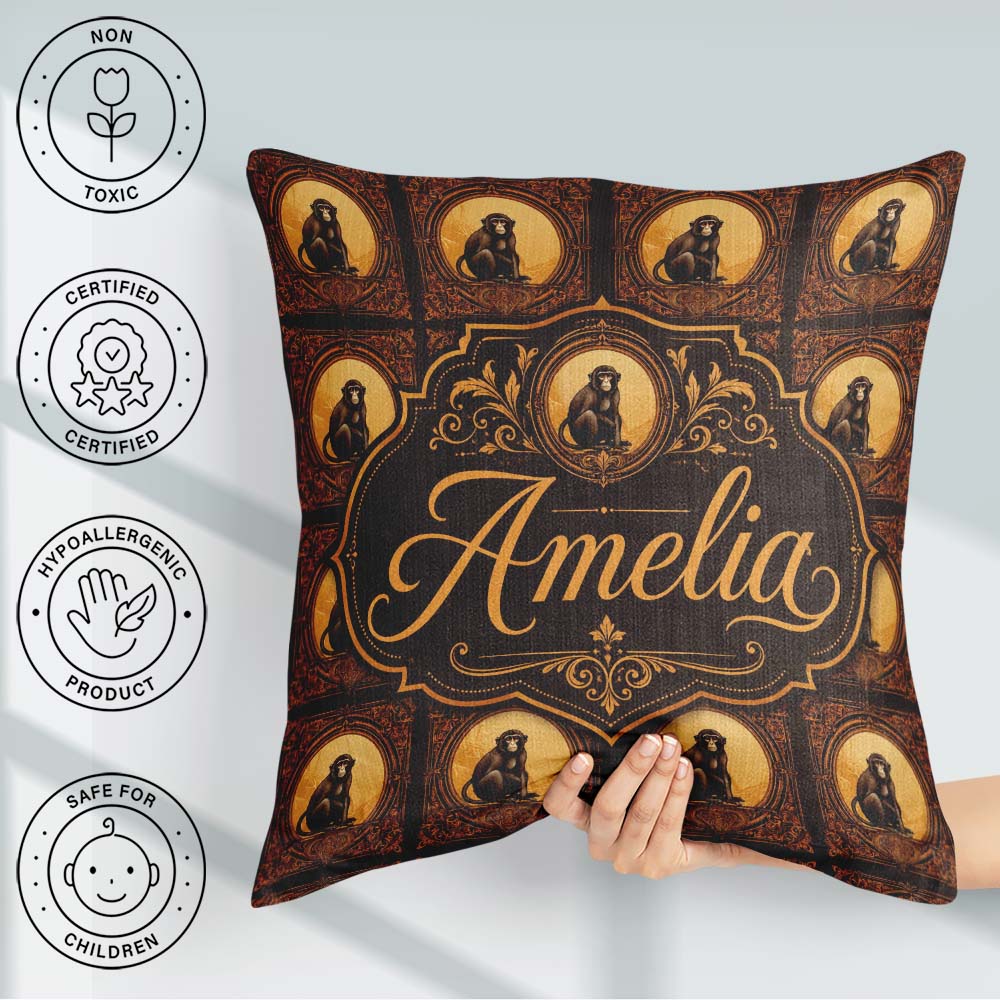 Custom Name Ornate Monkey Portrait Repeat in Warm Brown and Gold Square Filled Cushion Throw Pillow Sofa Bed Home Decor Zip Washable UK Made