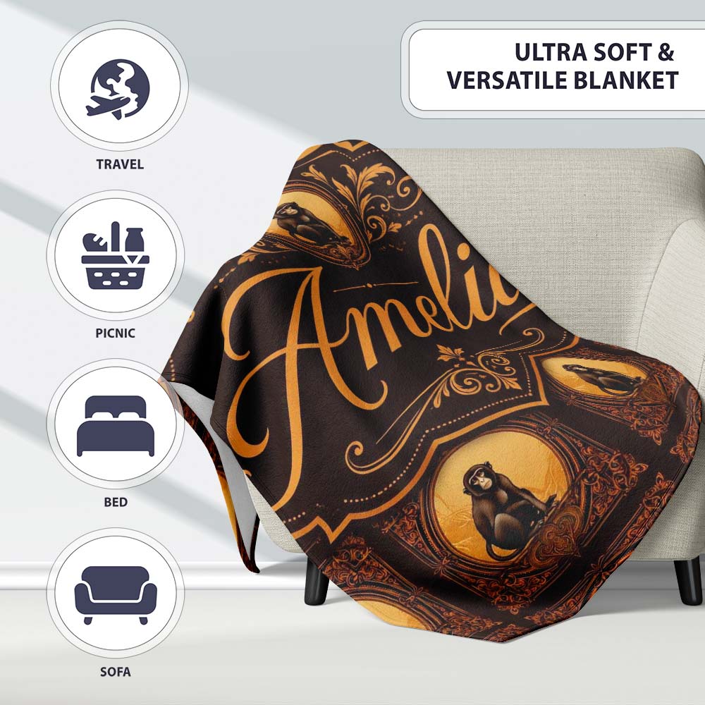 Vintage Ornate Monkey Portrait Repeat Pattern in Warm Brown and Gold Personalised Custom Name Super Soft Fleece Blanket Bed Sofa Throw