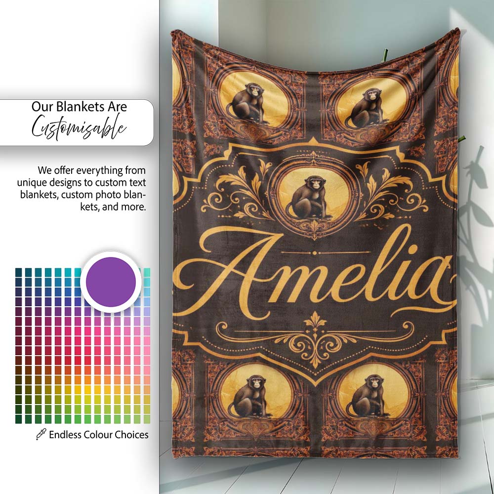 Vintage Ornate Monkey Portrait Repeat Pattern in Warm Brown and Gold Personalised Custom Name Super Soft Fleece Blanket Bed Sofa Throw