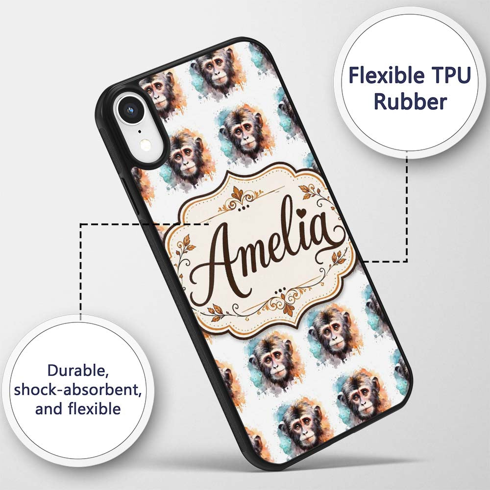 Watercolour Monkey Face Portrait with Soft Splash Custom Name Protective Phone Case Mobile Cover Durable Everyday Smartphone Shock Resistant