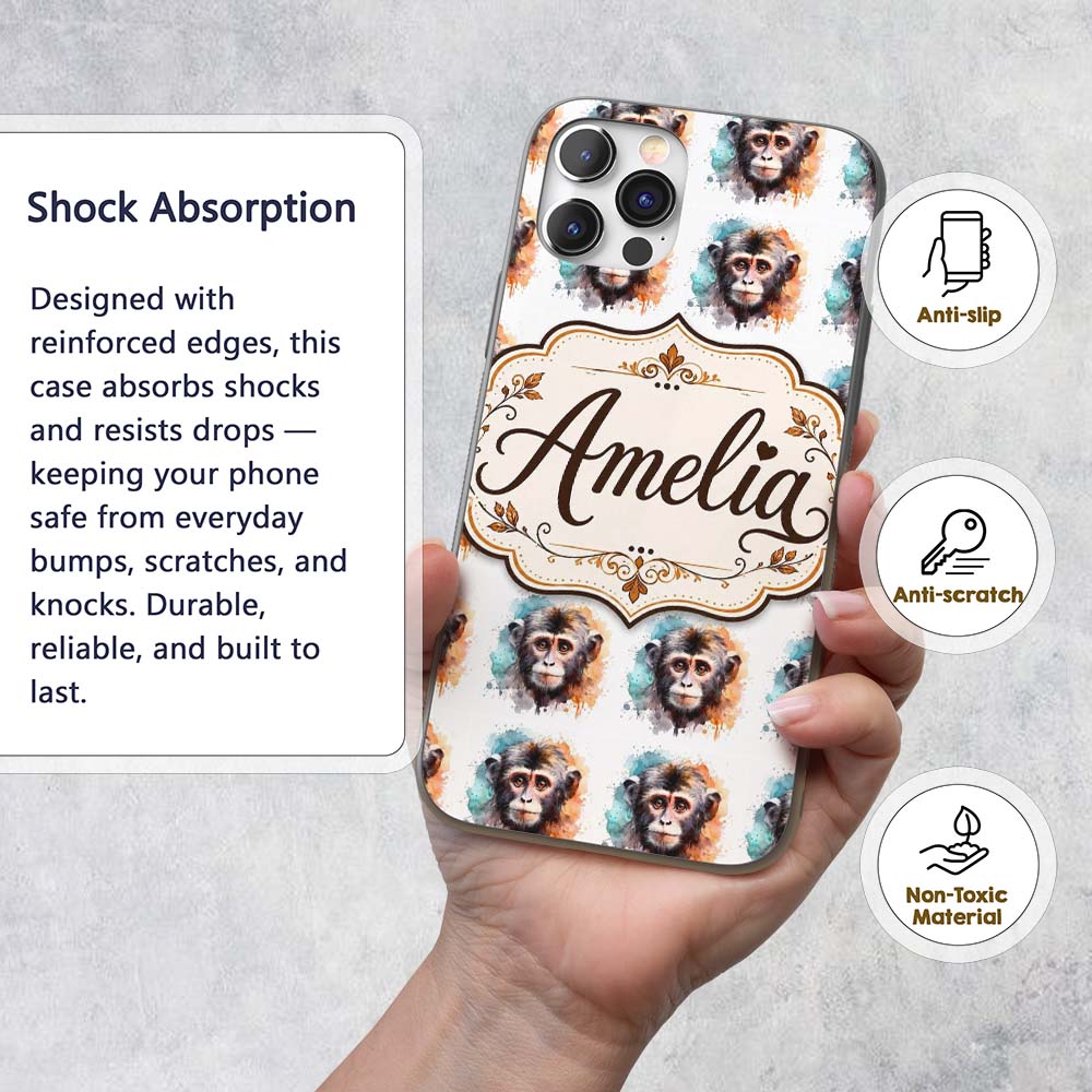 Watercolour Monkey Face Portrait with Soft Splash Custom Name Protective Phone Case Mobile Cover Durable Everyday Smartphone Shock Resistant