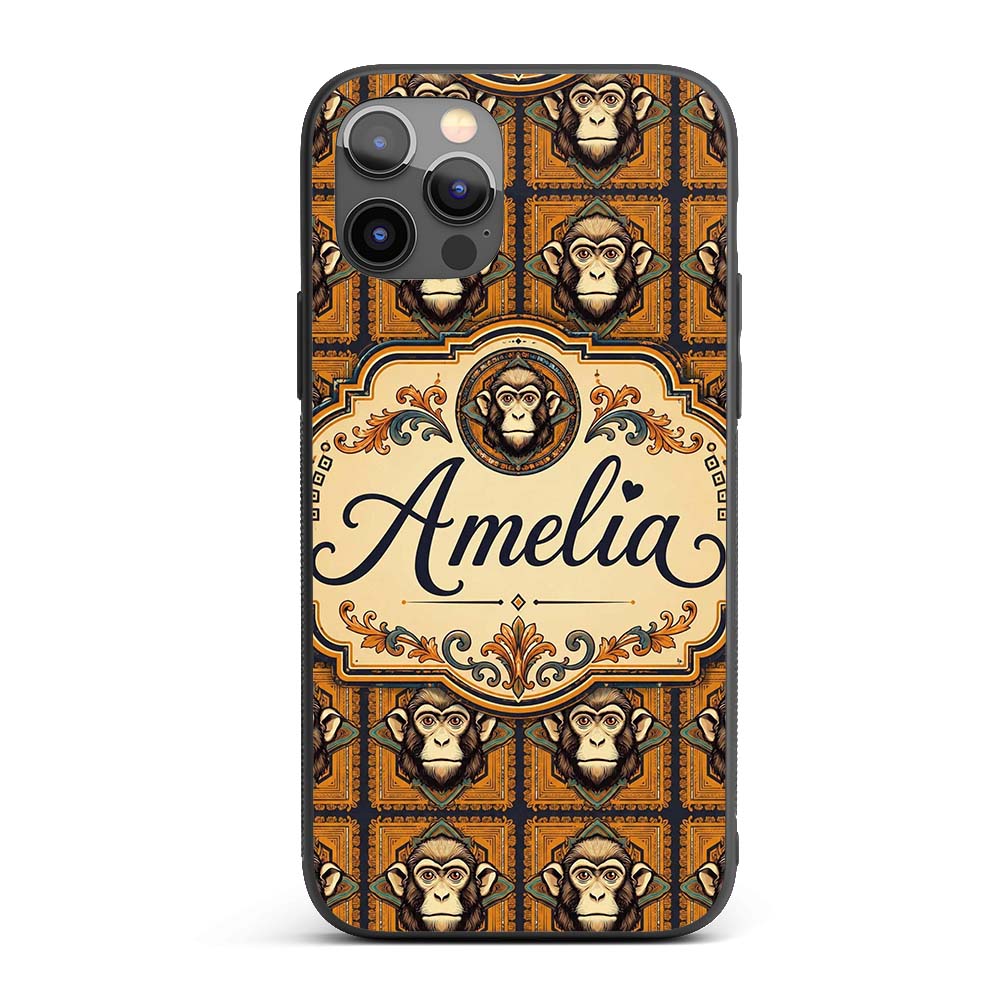 Geometric Tribal Monkey Head Pattern in Mustard Custom Name Protective Phone Case Mobile Cover Durable Everyday Smartphone Shock Resistant