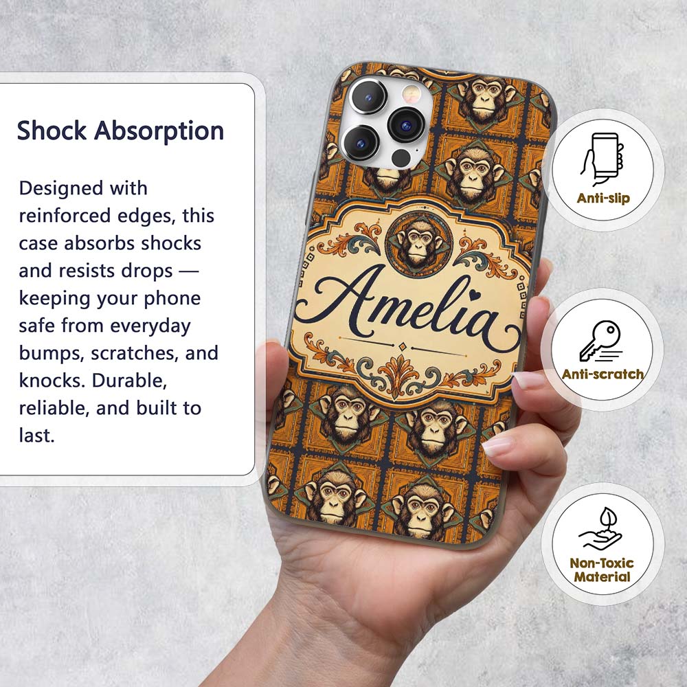 Geometric Tribal Monkey Head Pattern in Mustard Custom Name Protective Phone Case Mobile Cover Durable Everyday Smartphone Shock Resistant