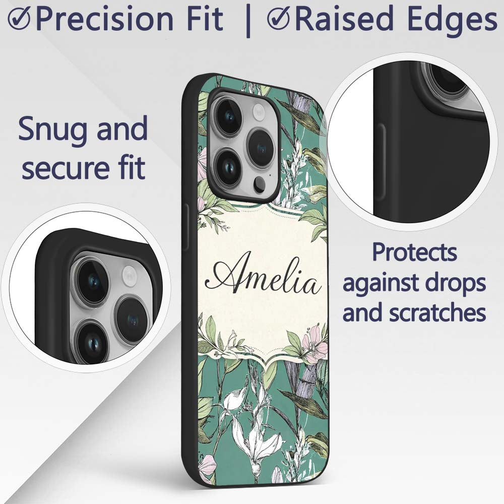 Vintage Botanical Floral Sketch Teal Background Custom Name Protective Phone Case Mobile Cover Durable Everyday Smartphone Shock Resistant