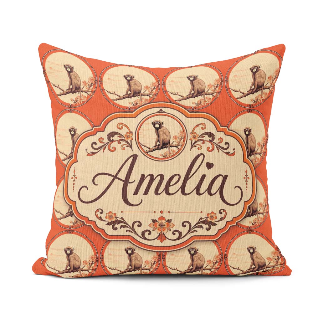 Custom Name Monkey on Branch Circular Frame Pattern in Red Tones Square Filled Cushion Throw Pillow Sofa Bed Home Decor Zip Washable UK Made