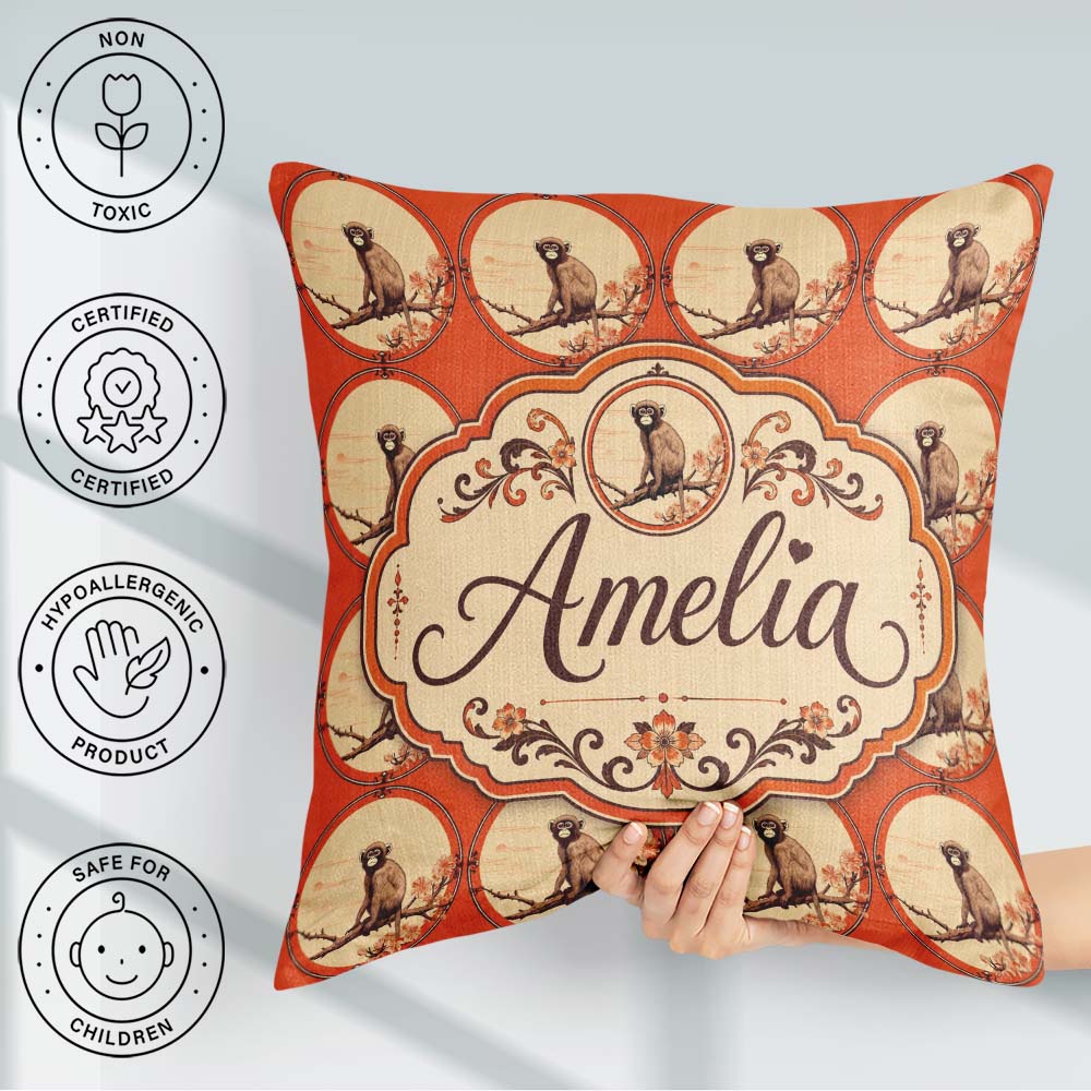 Custom Name Monkey on Branch Circular Frame Pattern in Red Tones Square Filled Cushion Throw Pillow Sofa Bed Home Decor Zip Washable UK Made
