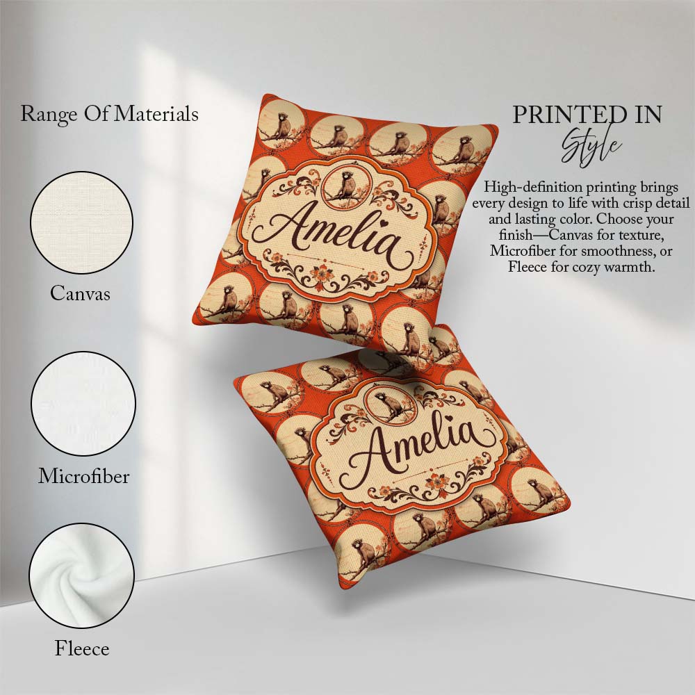 Custom Name Monkey on Branch Circular Frame Pattern in Red Tones Square Filled Cushion Throw Pillow Sofa Bed Home Decor Zip Washable UK Made