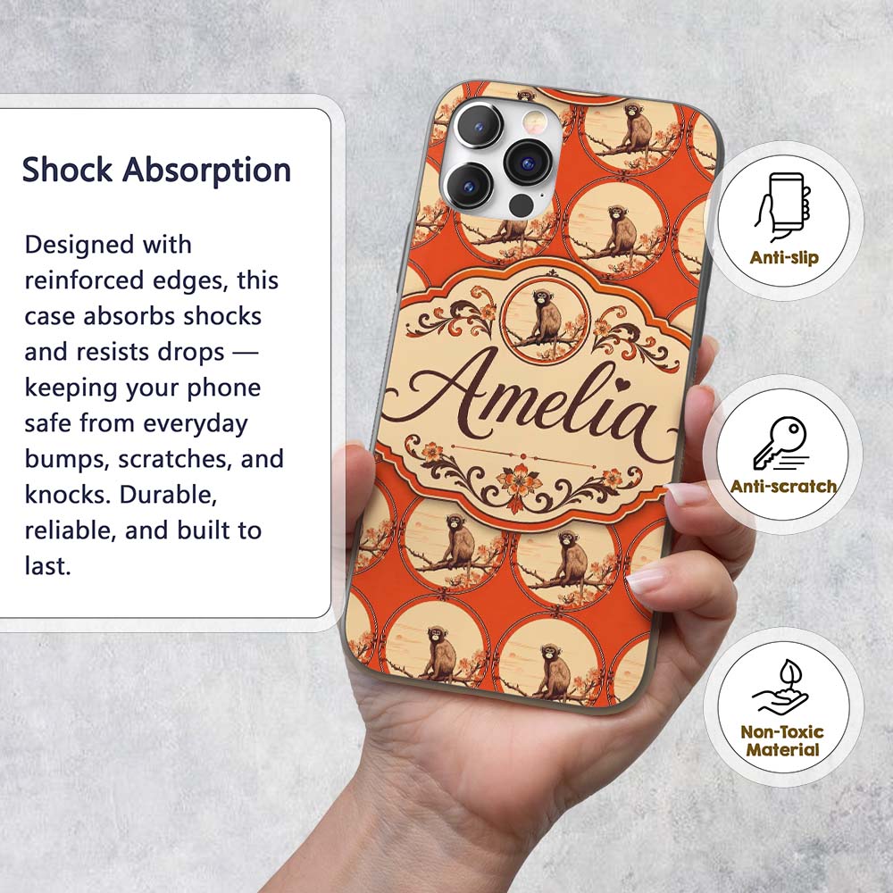 Minimalist Monkey on Branch Decorative Design Custom Name Protective Phone Case Mobile Cover Durable Everyday Smartphone Shock Resistant