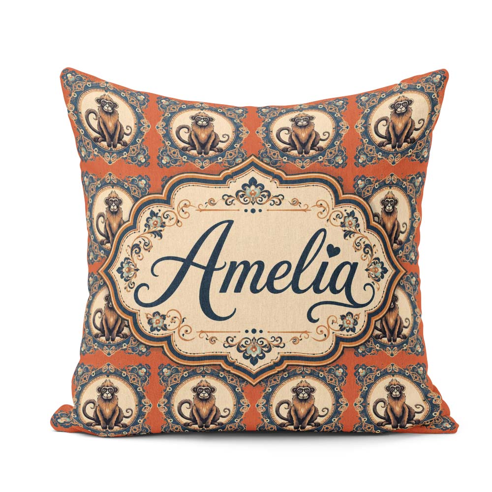 Custom Name Ornate Style Monkey Illustration in Decorative Frame Square Filled Cushion Throw Pillow Sofa Bed Home Decor Zip Washable UK Made