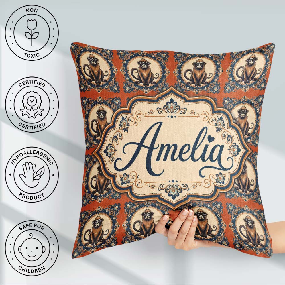 Custom Name Ornate Style Monkey Illustration in Decorative Frame Square Filled Cushion Throw Pillow Sofa Bed Home Decor Zip Washable UK Made