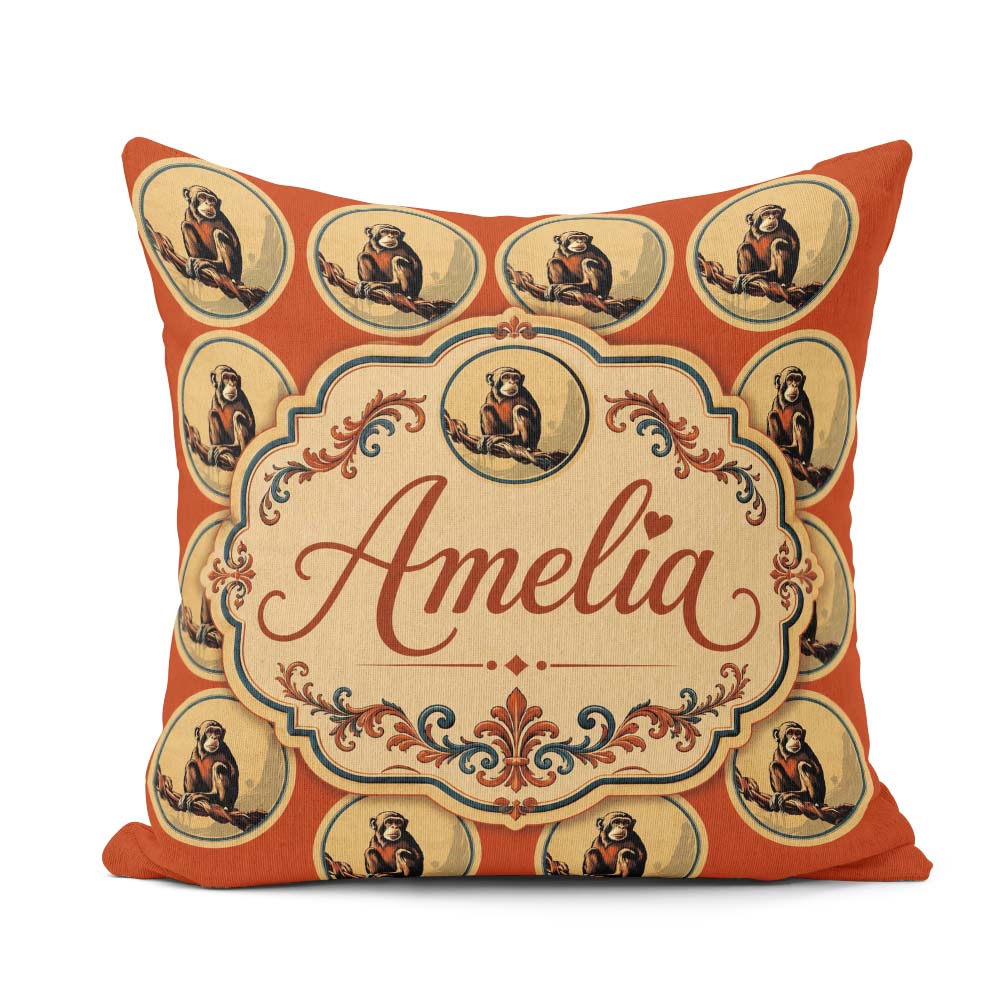 Custom Name Retro Safari Monkey Portrait in Circular with Desert Square Filled Cushion Throw Pillow Sofa Bed Home Decor Zip Washable UK Made