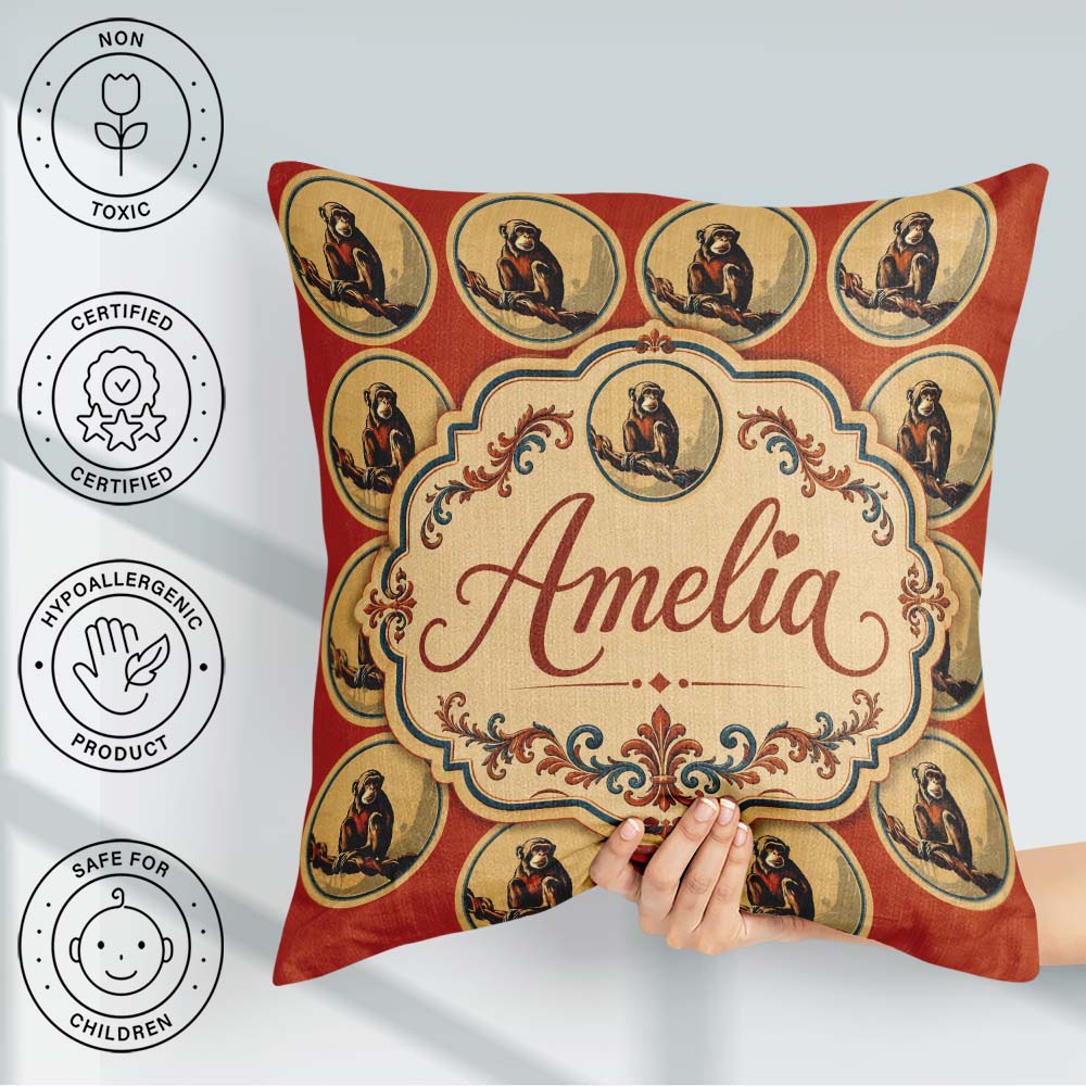 Custom Name Retro Safari Monkey Portrait in Circular with Desert Square Filled Cushion Throw Pillow Sofa Bed Home Decor Zip Washable UK Made