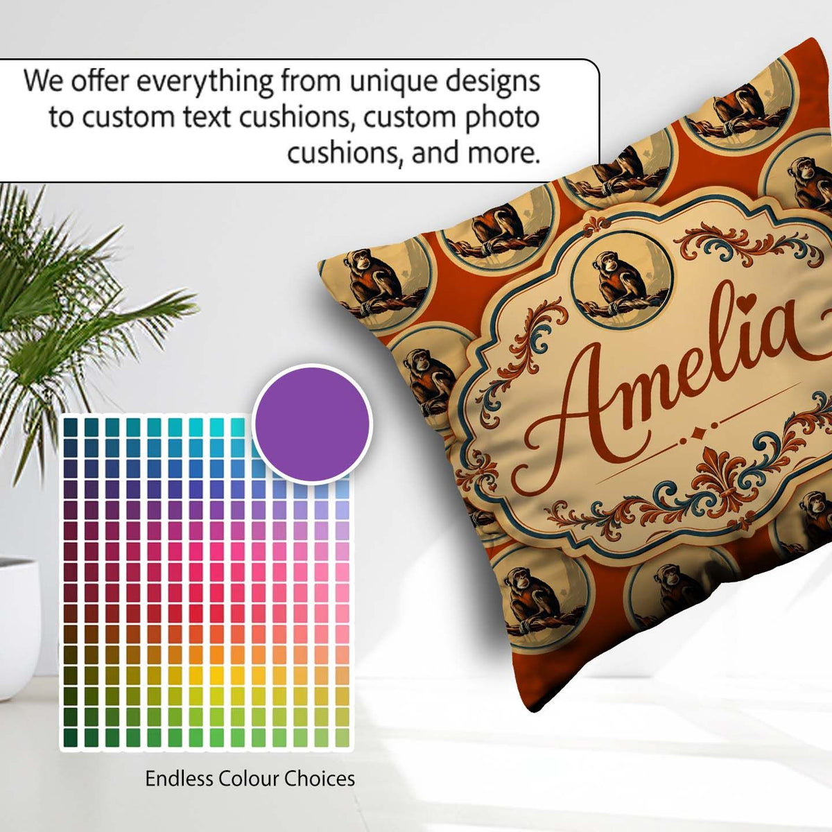 Custom Name Retro Safari Monkey Portrait in Circular with Desert Square Filled Cushion Throw Pillow Sofa Bed Home Decor Zip Washable UK Made
