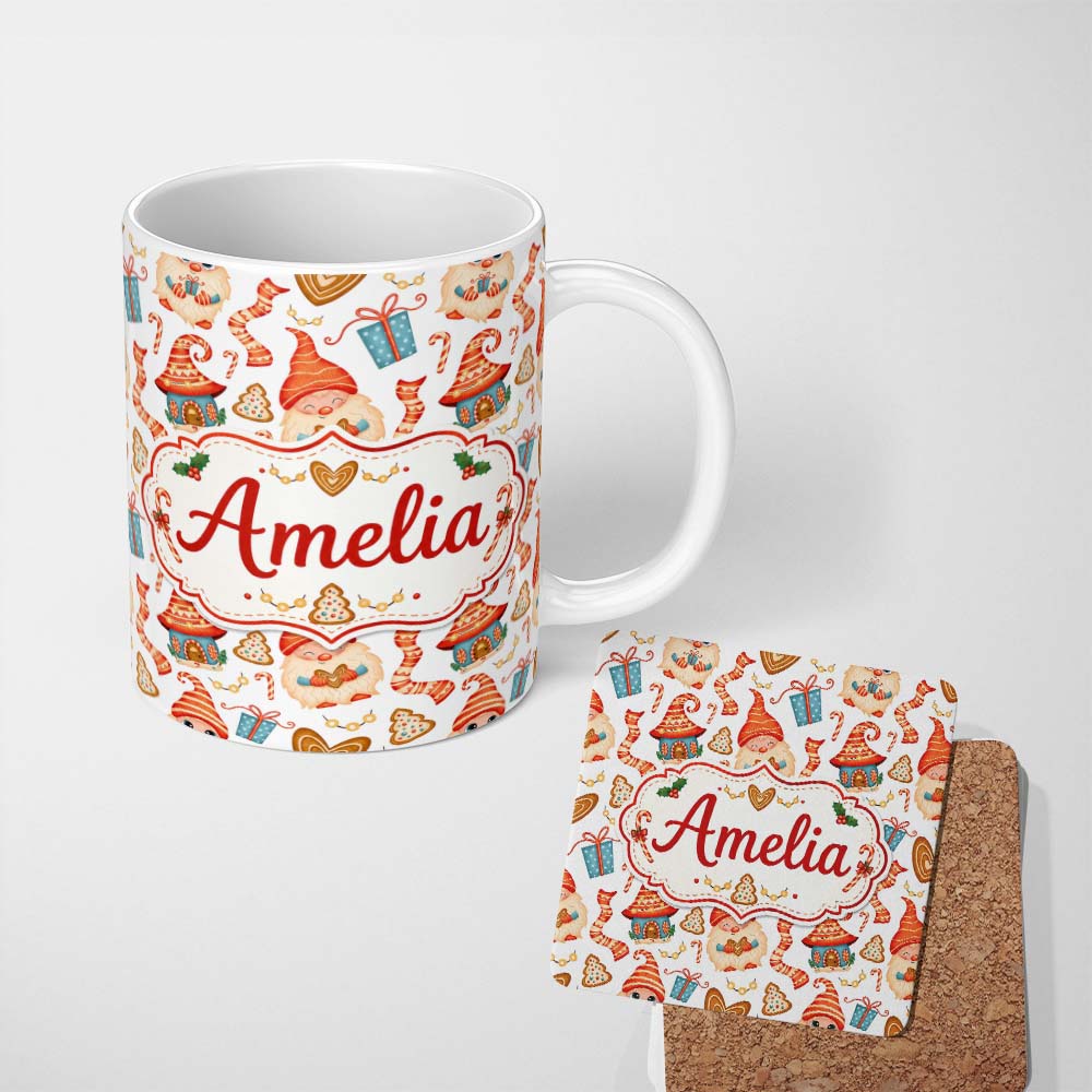 Personalized Custom Name Cute Christmas Gnome Gift Candy Cane Gingerbread Seamless Pattern 11oz Ceramic Coffee Tea Mug White Large Handle