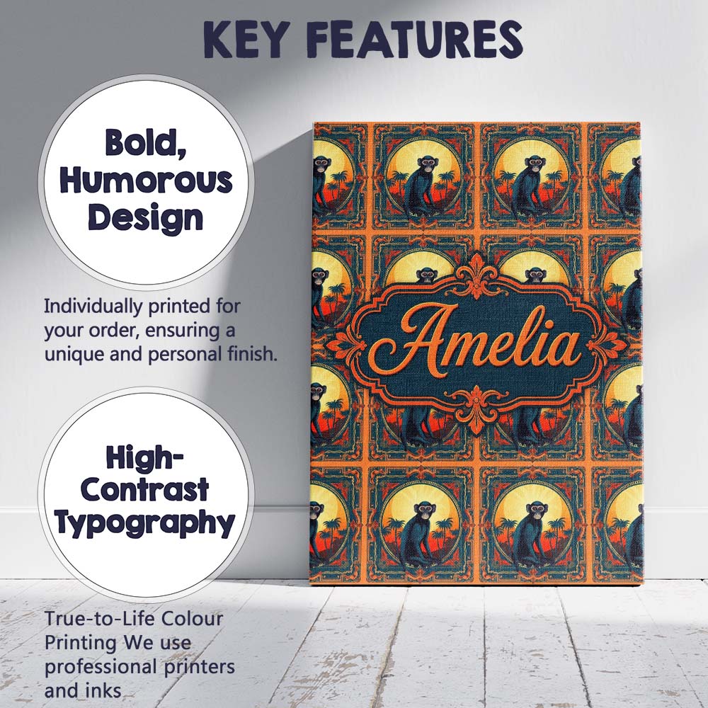 Personalised Name Tropical Sunset Monkey Custom Unique Gift Idea Elegant Feature Canvas Wall Art Print Decor Picture Ready to Hang