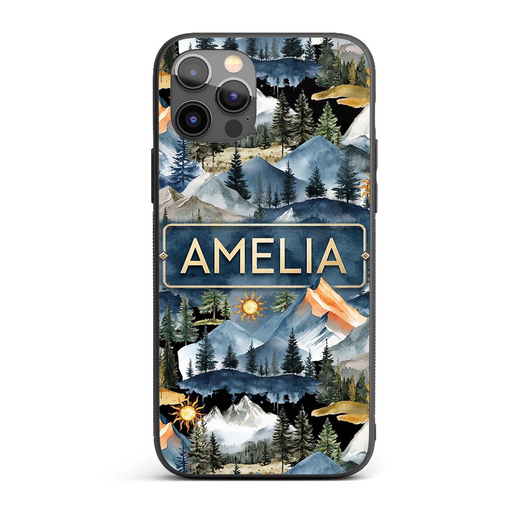 Watercolour Mountain Landscape with Pine Trees Custom Name Protective Phone Case Mobile Cover Durable Everyday Smartphone Shock Resistant