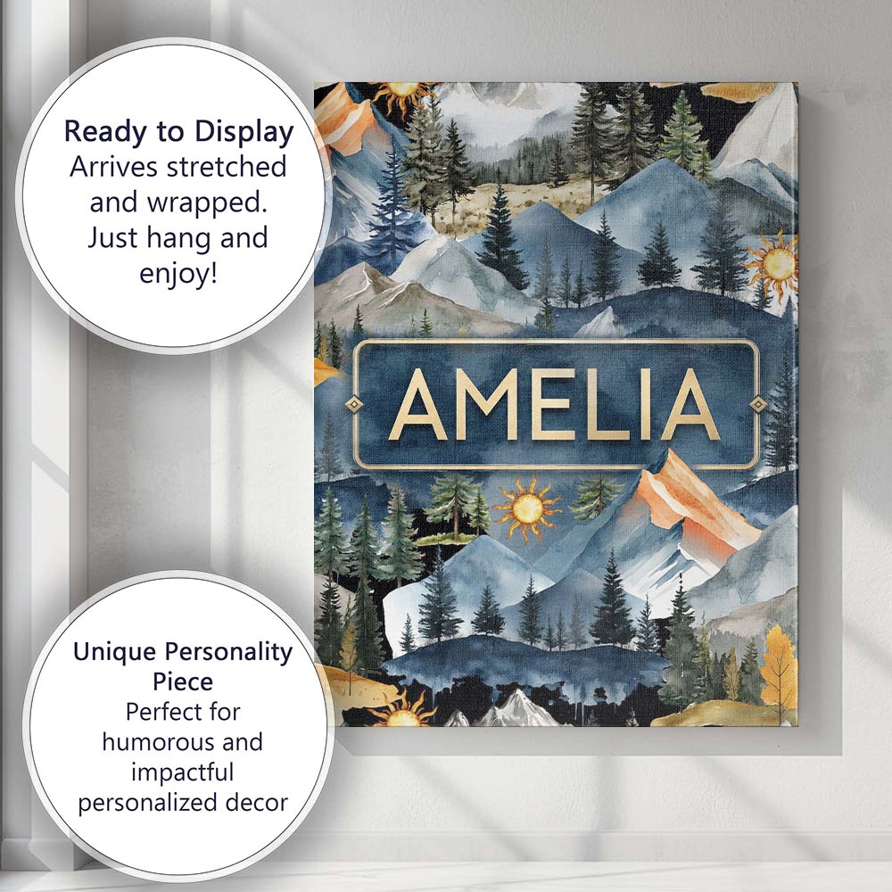 Personalised Name Watercolour Mountain Custom Modern Room Accent Elegant Feature Canvas Wall Art Print Decor Picture Ready to Hang