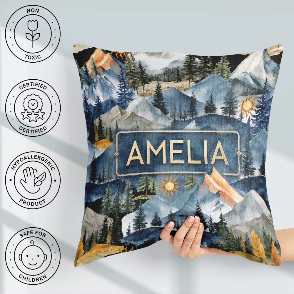 Custom Name Mountain Landscape with Pine Trees and Sun Artistic Square Filled Cushion Throw Pillow Sofa Bed Home Decor Zip Washable UK Made