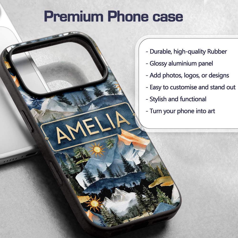 Watercolour Mountain Landscape with Pine Trees Custom Name Protective Phone Case Mobile Cover Durable Everyday Smartphone Shock Resistant