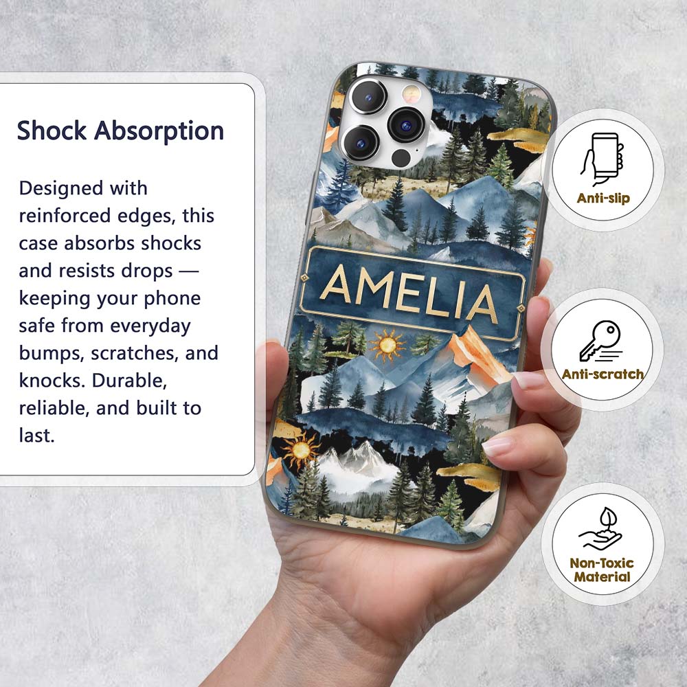 Watercolour Mountain Landscape with Pine Trees Custom Name Protective Phone Case Mobile Cover Durable Everyday Smartphone Shock Resistant