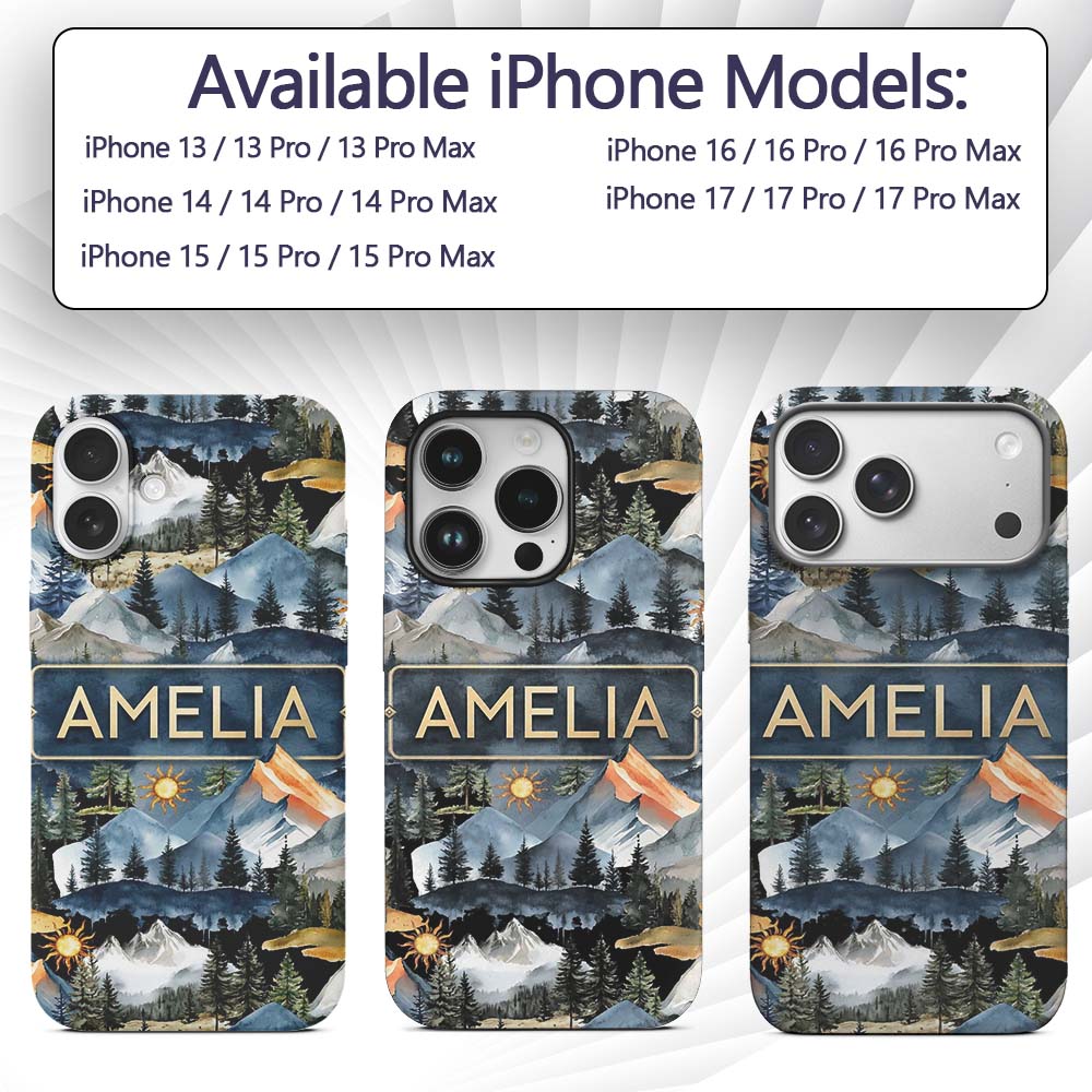 Watercolour Mountain Landscape with Pine Trees Custom Name Protective Phone Case Mobile Cover Durable Everyday Smartphone Shock Resistant