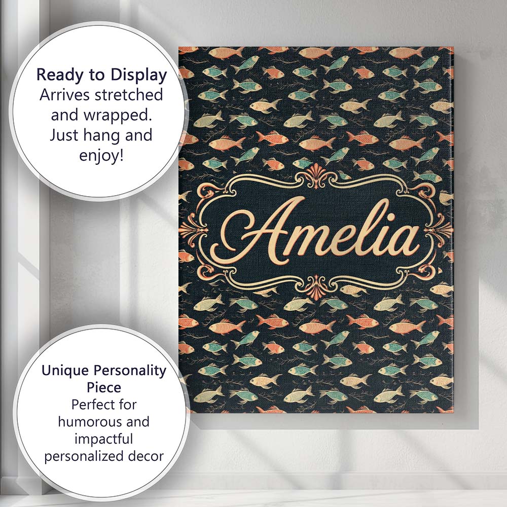 Personalised Name Dark Ocean Fish Pattern Custom Unique Gift Idea Elegant Feature Canvas Wall Art Print Decor Picture Ready to Hang
