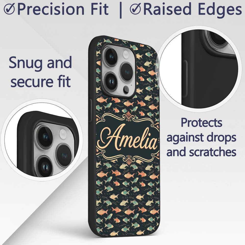 Dark Ocean Fish Pattern with Botanical Seaweed Custom Name Protective Phone Case Mobile Cover Durable Everyday Smartphone Shock Resistant